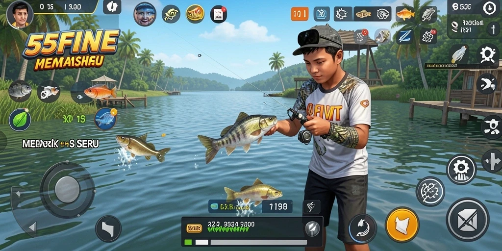 Screenshot 55FIVE menampilkan aksi memancing yang mengasyikkan di laut.
