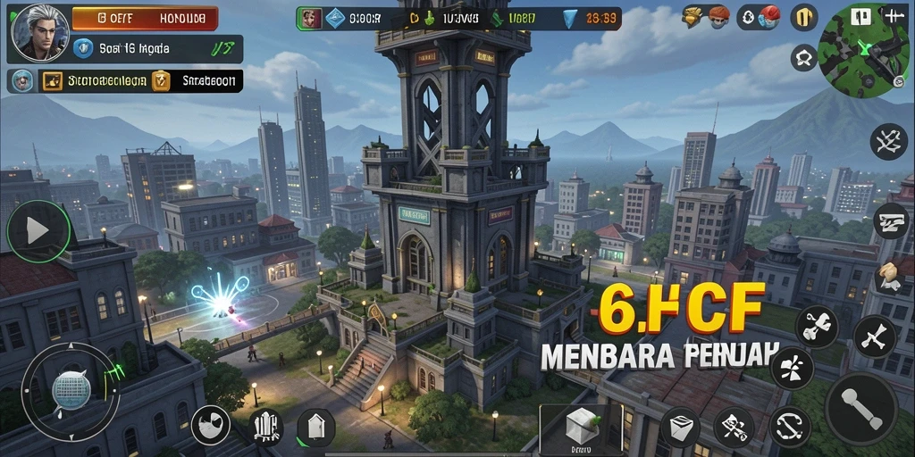 Screenshot gameplay 6CF menunjukkan menara dan serangan musuh.
