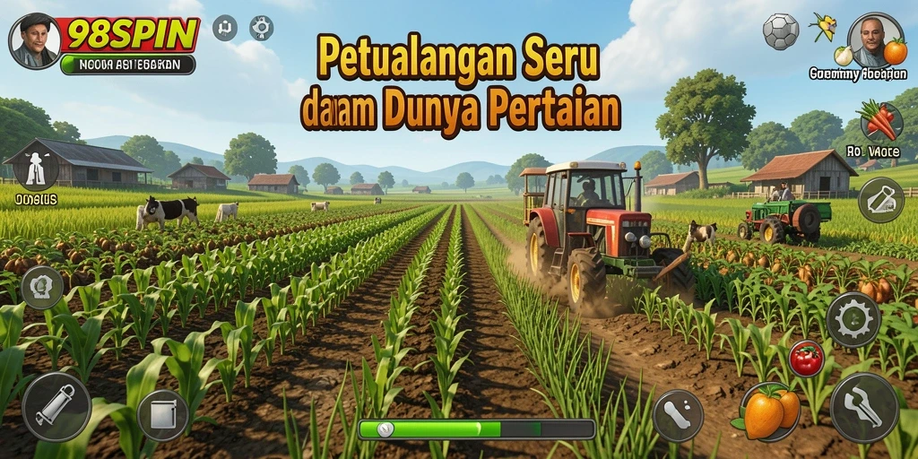 Screenshot gameplay 98SPIN menunjukkan kebun yang subur dan aktivitas pertanian.