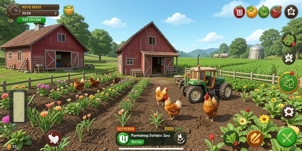 Screenshot gameplay HOYE55 menampilkan aktivitas pertanian yang seru.