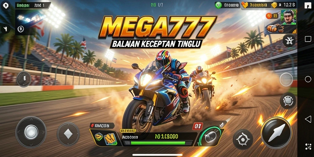 Screenshot gameplay MEGA777 dengan mobil balap di lintasan.