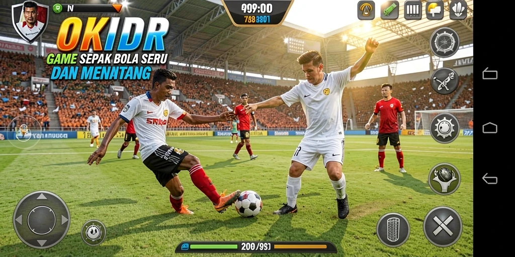 Screenshot gameplay OKIDR yang menampilkan aksi sepak bola seru.