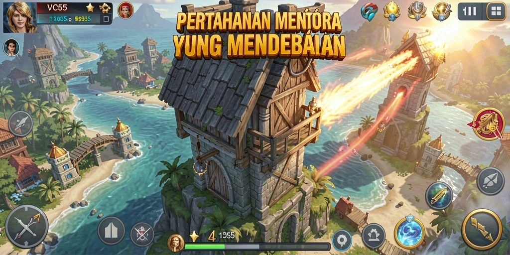 Tampilan gameplay VC55 yang intens dengan aksi menara pertahanan.
